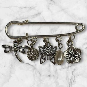 Silver Charm Brooch with Butterfly and Dragonfly